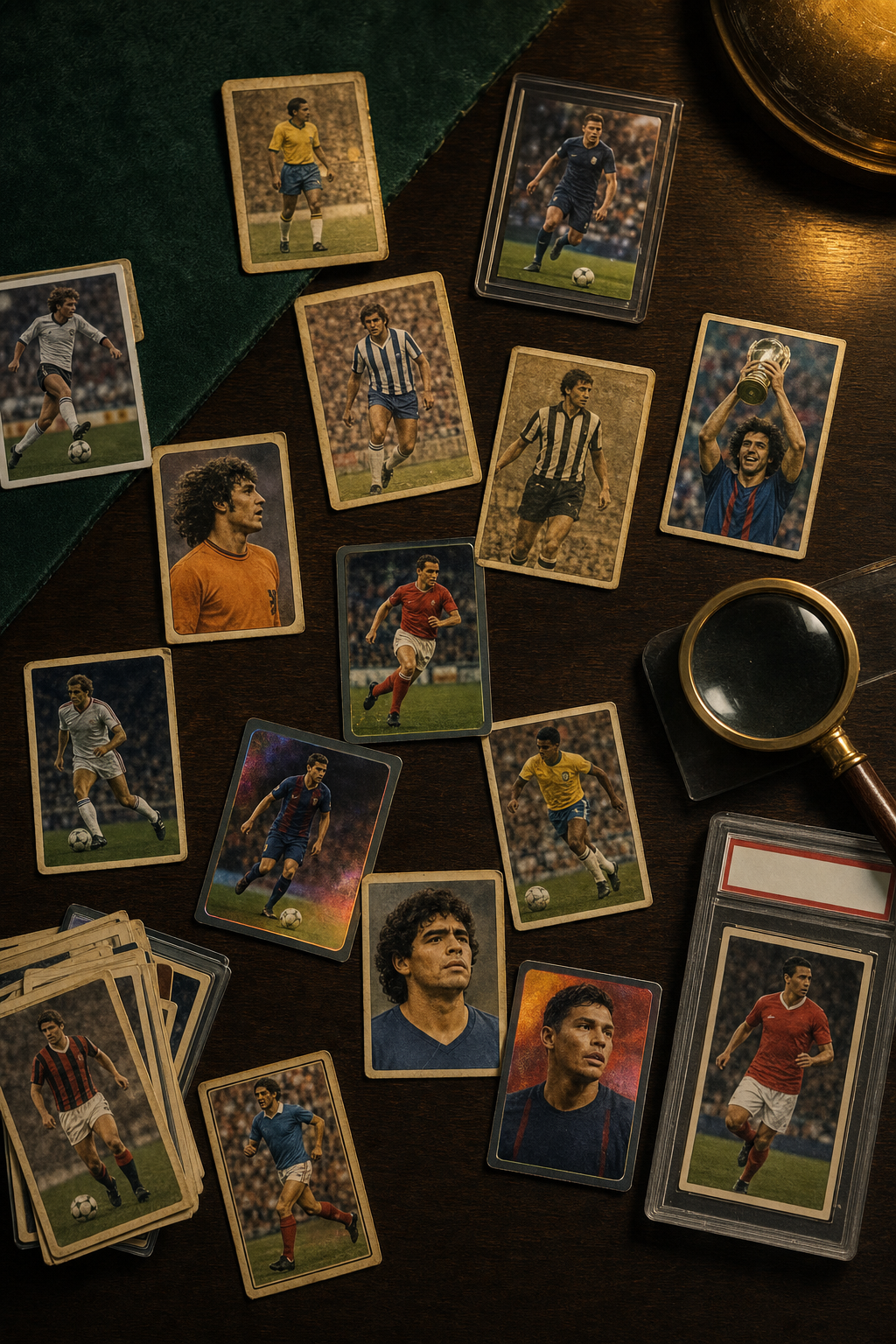 Overhead flatlay of vintage and modern soccer trading cards on a wooden table with a magnifying glass and a graded card slab